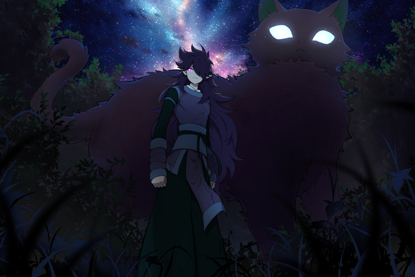 2boys dark feet_out_of_frame fengxi_(the_legend_of_luoxiaohei) glowing glowing_eyes hair_over_one_eye highres long_hair luoxiaohei mayracle multiple_boys night night_sky outdoors pointy_ears purple_eyes sky star_(sky) starry_sky the_legend_of_luo_xiaohei tree very_long_hair
