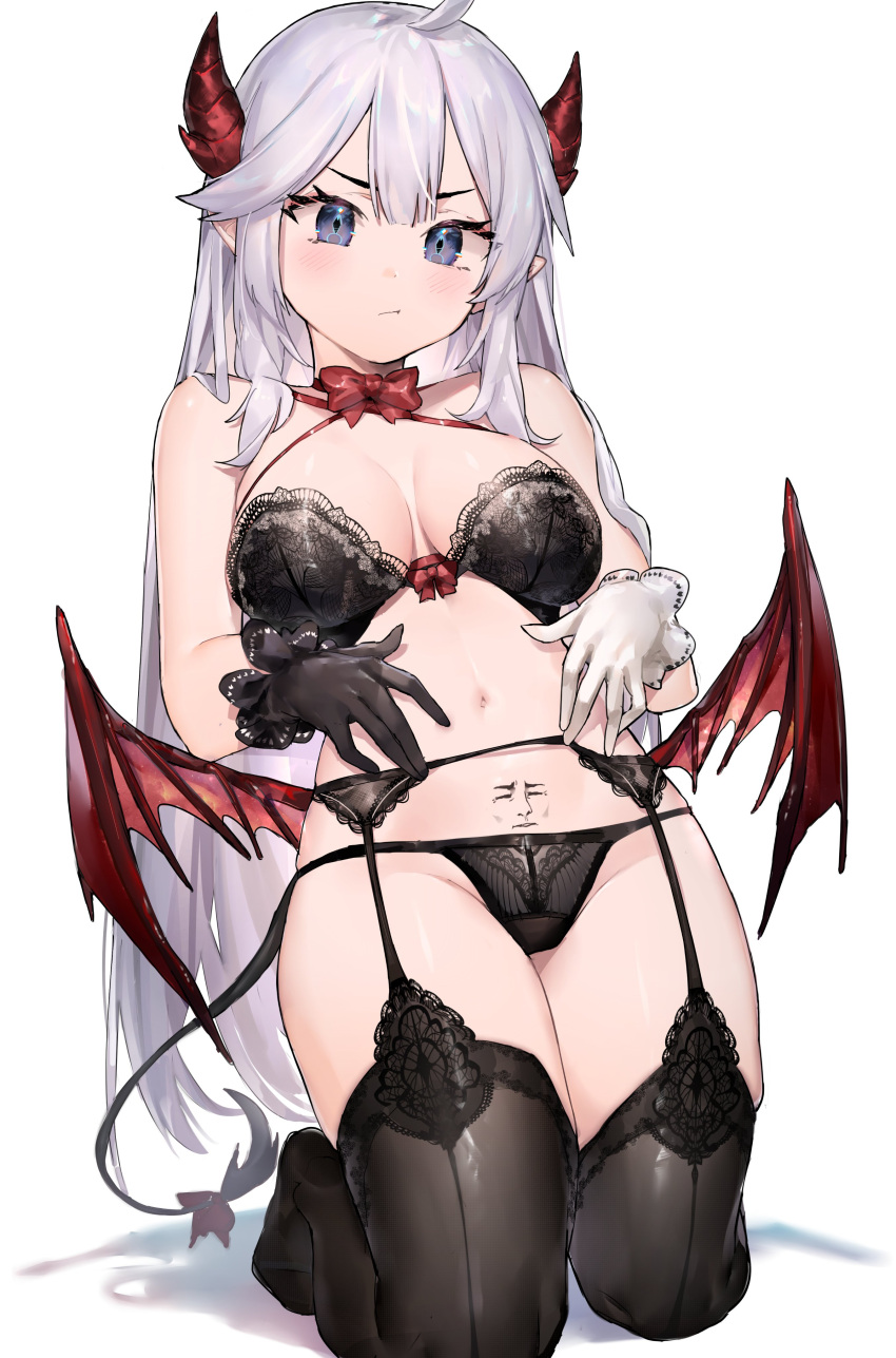1girl absurdres ahoge bare_arms bare_shoulders black_bra black_gloves black_legwear black_panties blue_eyes bow bowtie bra breasts cleavage commentary criss-cross_halter crotch_seam demon_girl demon_horns demon_tail demon_wings english_commentary frown garter_belt gloves groin halterneck highres horns indie_virtual_youtuber kneeling kuso_miso_technique large_breasts long_hair looking_at_viewer low_wings meme mismatched_gloves navel neonbeat no_shoes panties pointy_ears pout pubic_tattoo shadow simple_background skindentation solo stomach string_bra string_panties tail tail_bow tail_ornament tattoo thighhighs thighs underwear underwear_only v-shaped_eyebrows vei_(vtuber) very_long_hair virtual_youtuber white_background white_gloves white_hair wings yaranaika