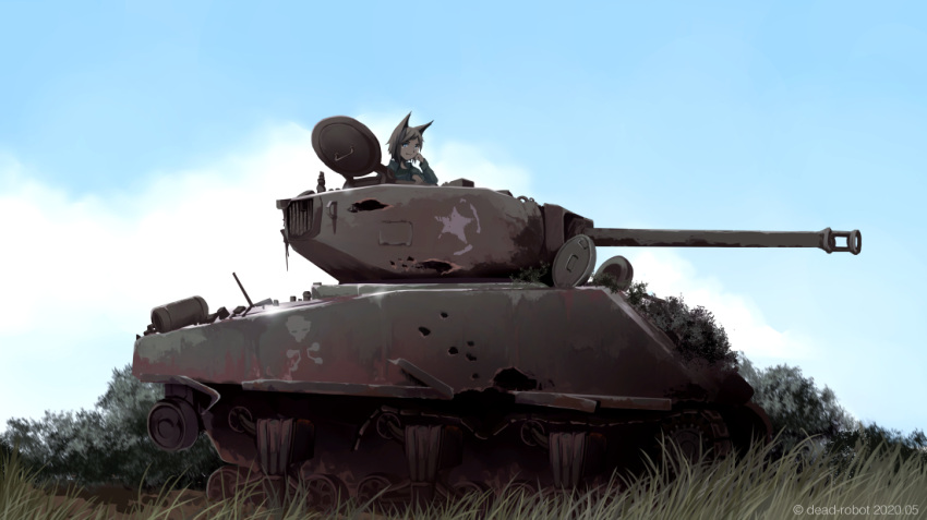 1girl animal_ears artist_name blue_eyes cat_ears caterpillar_tracks cloud commentary_request day dead-robot english_commentary english_text grass ground_vehicle m4_sherman military military_uniform military_vehicle motor_vehicle original scenery short_hair sky smile solo star_(symbol) tank tree uniform