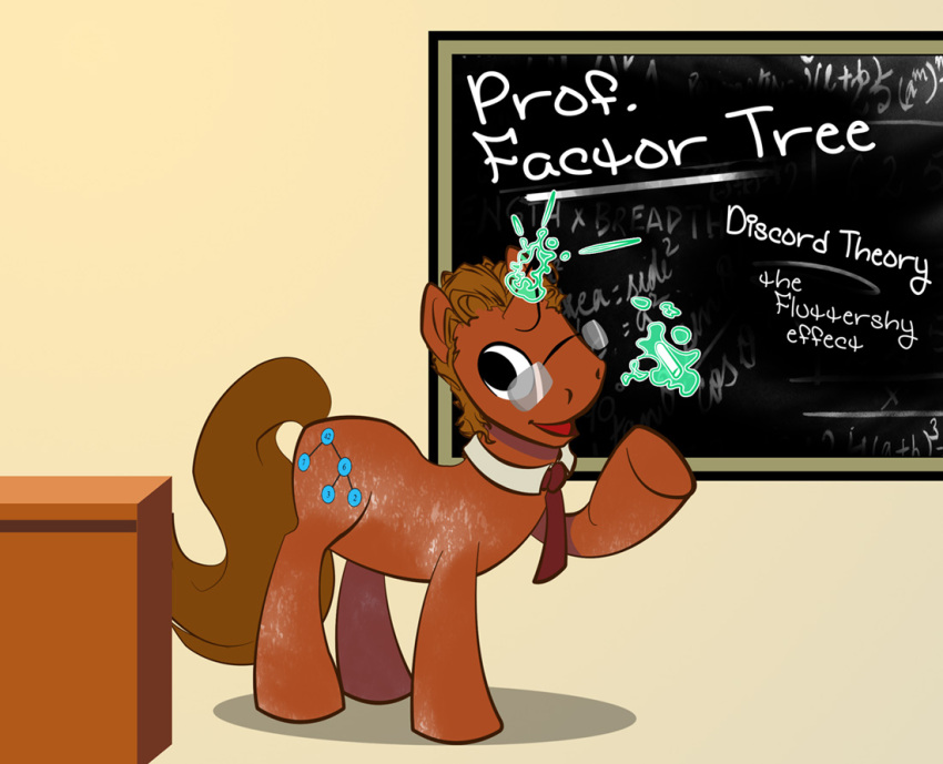 2012 black_eyes brown_hair brown_tail chalkboard cutie_mark desk english_text equid equine eyewear fluffy fluffy_tail furniture glasses hair hasbro horn male mammal my_little_pony necktie open_mouth simple_background solo teacher text traditional_media_(artwork) unicorn zillford