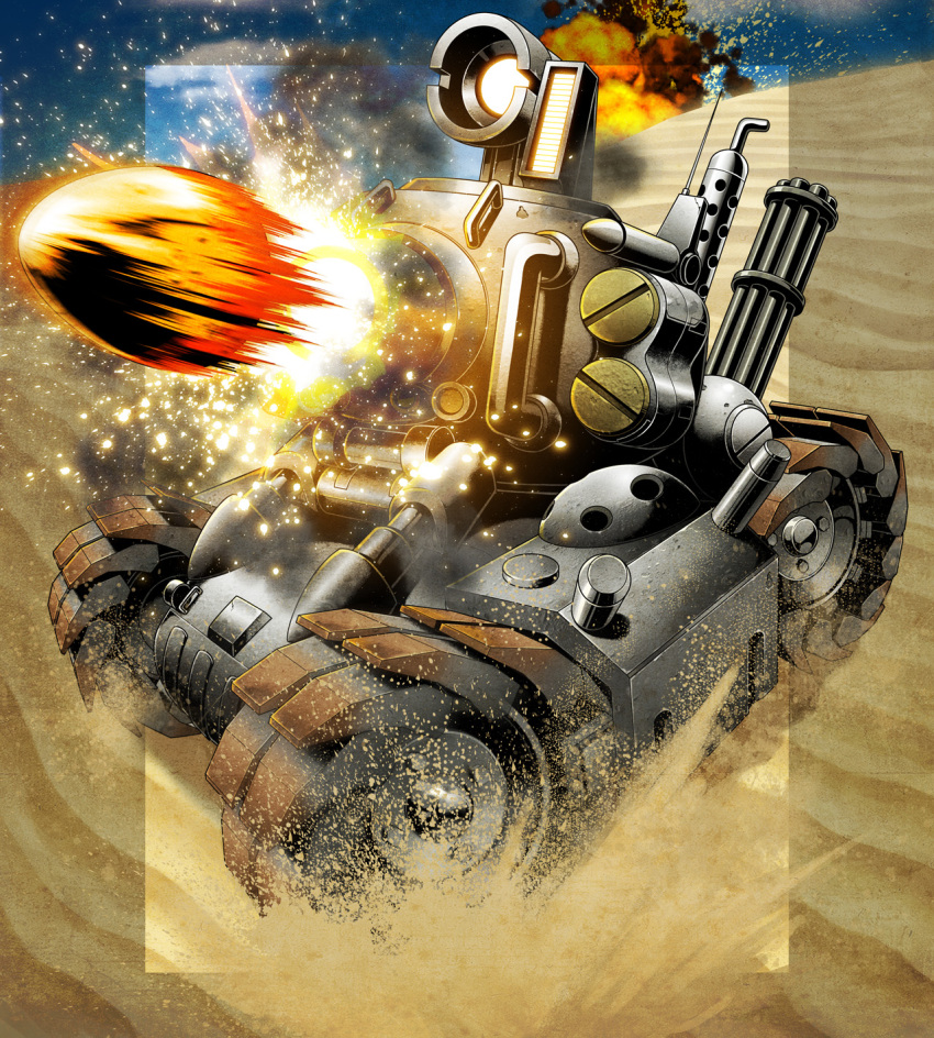 action battle caterpillar_tracks cloud desert explosion gatling_gun godtail ground_vehicle highres metal_slug military military_uniform military_vehicle motor_vehicle no_humans sky smoke snk sv001_(metal_slug) tank tank_shell uniform