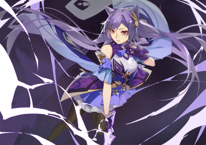 1girl bangs bare_shoulders black_legwear breasts choker detached_sleeves double_bun dress flower frilled_dress frilled_gloves frilled_skirt frilled_sleeves frills genshin_impact gloves hair_flower hair_ornament holding holding_sword holding_weapon ian_olympia keqing_(genshin_impact) lightning long_hair looking_at_viewer medium_breasts open_mouth pantyhose purple_eyes purple_hair skirt solo sword tassel twintails weapon white_flower