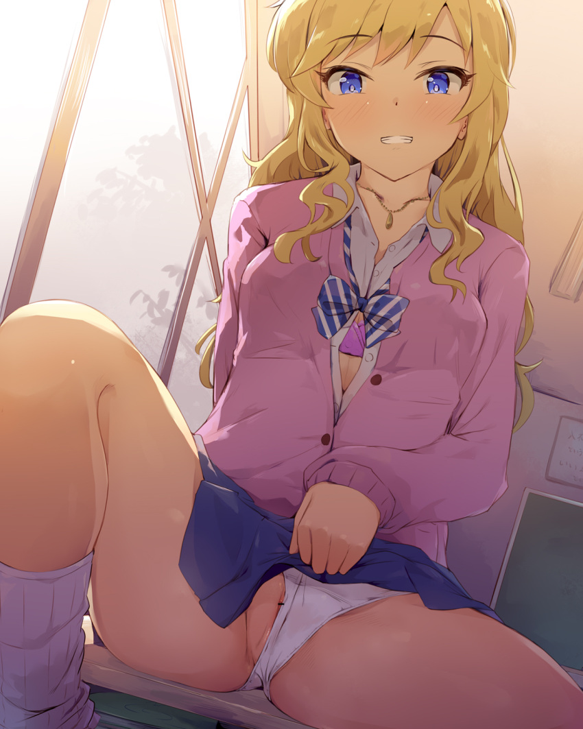 1girl :d bangs bar_censor blonde_hair blue_eyes blue_skirt blush bra breasts button_gap cardigan censored clenched_teeth collarbone collared_shirt desk dress_shirt dutch_angle eyebrows_visible_through_hair highres idolmaster idolmaster_cinderella_girls idolmaster_cinderella_girls_starlight_stage indoors jewelry lifted_by_self long_hair loose_socks on_desk ootsuki_yui open_mouth panties pendant pink_bra pink_cardigan pleated_skirt pussy pussy_peek school_desk school_uniform seneto shirt sitting sitting_on_desk skirt skirt_lift small_breasts smile socks solo teeth underwear upper_teeth white_legwear white_panties white_shirt window