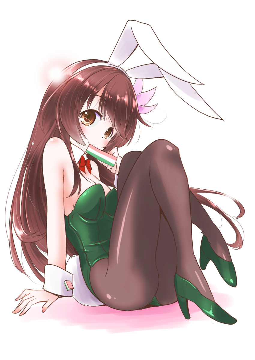 1girl absurdres animal_ears black_legwear brown_eyes brown_hair bunny_ears bunny_tail commentary_request detached_collar eating fake_animal_ears full_body green_footwear green_leotard hair_ornament high_heels highres hishimochi kantai_collection kisaragi_(kancolle) leotard long_hair mochi pantyhose playboy_bunny red_neckwear sitting solo tail taisinkoku white_background wrist_cuffs