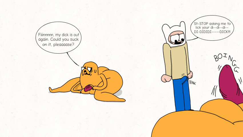 21twentyone12(artist) adventure_time bulge canid canine canis cartoon_network domestic_dog duo eyes finn_the_human genitals hi_res jake_the_dog male male/male mammal penis pink weiner