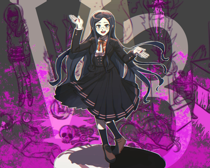 1girl :d akamatsu_kaede amami_rantarou ball bangs black_hair black_jacket black_legwear blood blue_eyes bow bowtie brown_footwear chabashira_tenko chair character_print collared_shirt commentary_request contrapposto corpse danganronpa_(series) danganronpa_v3:_killing_harmony dress_shirt full_body glasses gokuhara_gonta hands_up hanging highres hoshi_ryouma iruma_miu jacket jjilag kneehighs long_hair long_sleeves looking_at_viewer momota_kaito open_mouth pink_blood pleated_skirt red_neckwear rope round_eyewear school_uniform shinguuji_korekiyo shirogane_tsumugi shirt shoes skirt smile solo_focus spoilers standing toujou_kirumi upper_teeth white_shirt yonaga_angie