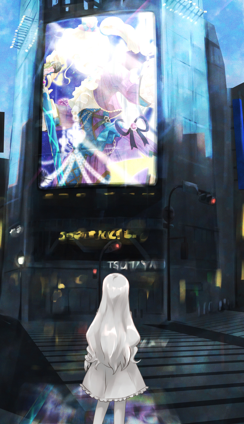 1girl absurdres aikatsu! aikatsu!_(series) building city cityscape cowboy_shot crosswalk dress dual_persona from_behind highres huge_filesize idol long_hair looking_at_screen pantyhose real_world_location road scenery shibuya_(tokyo) shibuya_109 silver_hair solo street taiyaki29 tokyo_(city) toudou_yurika traffic_light white_dress white_legwear