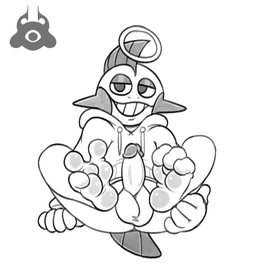 1mp 3_toes anthro balls black_and_white bottomless clothed clothing erection feet foot_focus genitals grin halo hand_on_leg hand_on_thigh hi_res hindpaw hoodie looking_at_viewer male marshtomp monochrome nintendo paws penis pok&eacute;mon pok&eacute;mon_(species) raised_paw scraffles sketch smile solo spread_toes toes topwear video_games