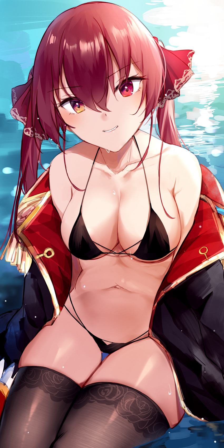 1girl bangs bare_shoulders bikini black_bikini black_coat black_legwear blush breasts cleavage coat collarbone commentary_request cowboy_shot eyebrows_visible_through_hair groin hair_between_eyes hair_ribbon head_tilt heterochromia highres hololive houshou_marine lace-trimmed_legwear lace_trim long_hair looking_at_viewer medium_breasts midriff miyasaka_miyabi navel no_eyepatch off_shoulder parted_lips red_eyes red_hair red_ribbon ribbon sidelocks sitting smile solo swimsuit thigh_gap thighhighs twintails virtual_youtuber water water_drop wet yellow_eyes