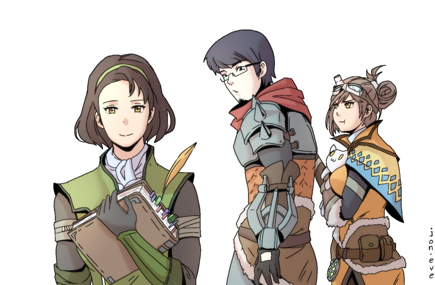 1boy 2girls beard black_hair brown_eyes brown_hair distracted_boyfriend_(meme) facial_hair glasses handler_(monster_hunter_world) highres j_o_n_._e_v_e monster_hunter monster_hunter:_world monster_hunter_world:_iceborne multiple_girls serious_handler short_hair