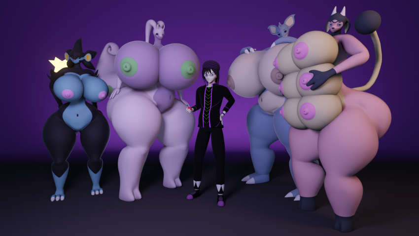 3d_(artwork) anthro belly big_breasts big_butt black_body black_clothing blender_(software) blue_body breasts brown_nipples butt clothing darkdraketom digital_media_(artwork) female goodra green_nipples group hand_on_breast hand_on_butt hi_res hooves horn huge_breasts human looking_at_viewer luxray male mammal miltank nidoqueen nintendo nipples pink_body pink_nipples pok&eacute;mon pok&eacute;mon_(species) pok&eacute;mon_trainer purple_body simple_background thick_thighs video_games wide_hips
