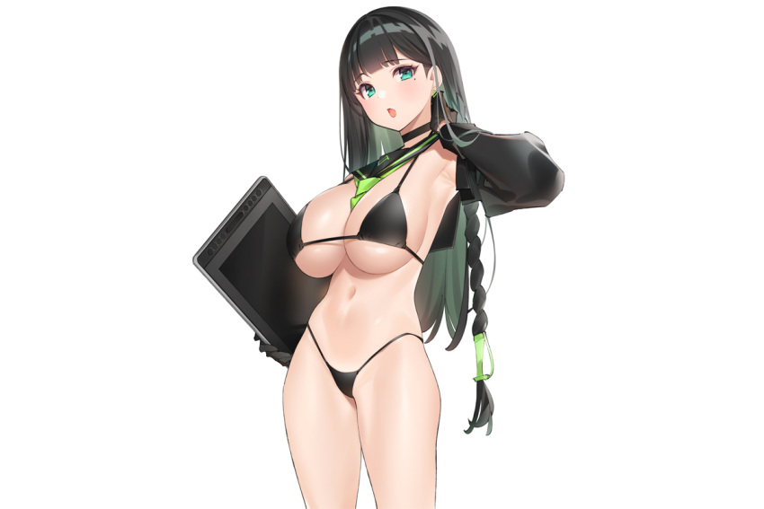 anthropomorphism bikini black_hair breasts cleavage computer gloves green_eyes long_hair navel original pop_kyun swimsuit tie underboob white