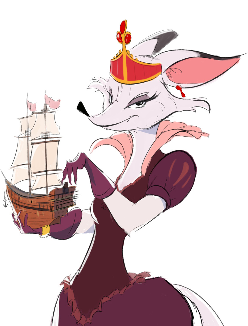 absurd_res anthro baxterchameleon canid canine clothed clothing crown female fox fur gloves half-closed_eyes handwear hi_res holding_object looking_at_viewer mammal model nakhta narrowed_eyes queen royalty ruff_(clothing) ship smile smirk solo vehicle watercraft white_body white_fur