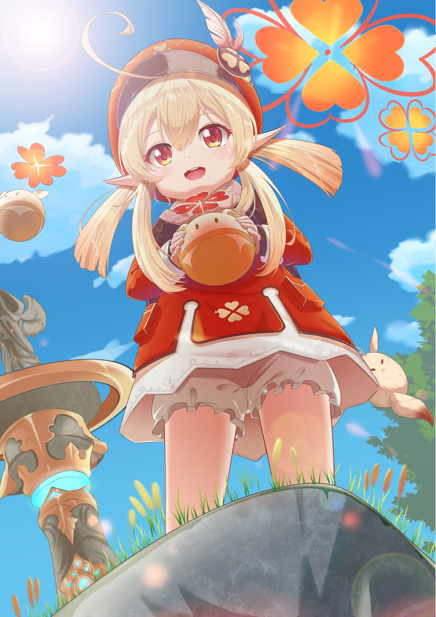 1girl :d absurdres ahoge bangs bare_legs blonde_hair cabbie_hat chinese_commentary cloud cloudy_sky commentary_request day dress feathers from_above genshin_impact grass hair_between_eyes hat highres holding huge_ahoge huge_filesize klee_(genshin_impact) long_hair long_sleeves looking_at_viewer maomao_zaici open_mouth outdoors pointy_ears red_dress red_eyes red_headwear short_shorts shorts sidelocks sky smile solo stone sunlight tree