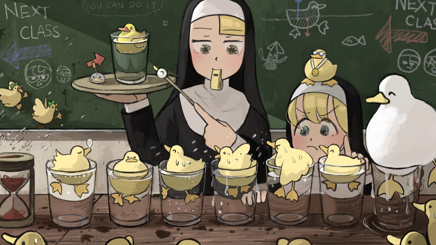 &gt;_&lt; 2girls ^_^ animal animal_on_head arrow_(symbol) bangs bird bird_on_head blonde_hair blue_eyes catholic chalkboard chicken chili_pepper closed_eyes commentary diva_(hyxpk) duck duckling english_commentary english_text eyebrows_visible_through_hair frown habit highres holding holding_tray hourglass index_finger_raised indoors little_nun_(diva) long_sleeves medal mouth_hold multiple_girls nose_bubble nun on_head physics pointer rubber_duck tray v-shaped_eyebrows water water_drop whistle yellow_eyes