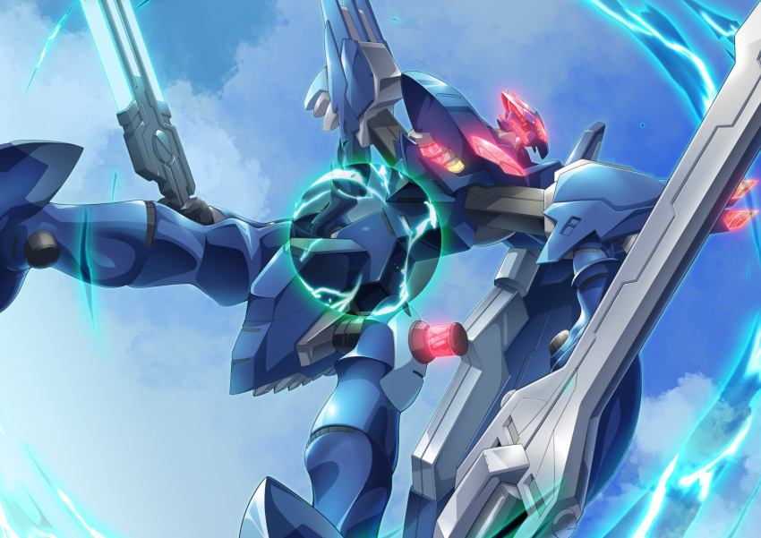 dual_wielding floating gamiani_zero glowing highres holding holding_sword holding_weapon looking_up mark_elf mecha no_humans science_fiction sky solo soukyuu_no_fafner sword visor weapon