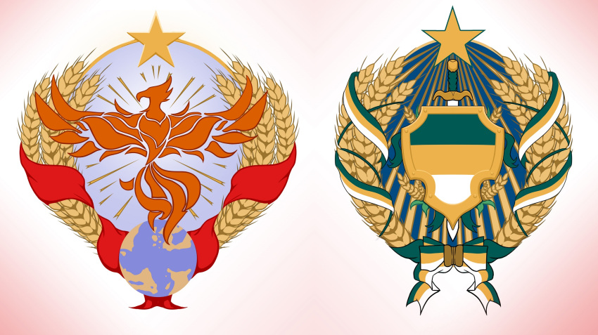 2020 avian beak coat_of_arms communism european_mythology feathers feral globe gradient_background greek_mythology heraldry hi_res melee_weapon mythological_avian mythological_firebird mythology phoenix pimpartist politics red_body red_feathers ribbons russian shield simple_background soviet_union star sword traditional_media_(artwork) weapon wheat