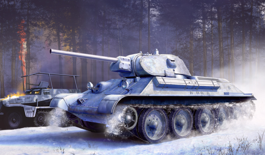 absurdres armored_vehicle caterpillar_tracks day fire forest gekkou583 grass ground_vehicle gun highres machine_gun military military_vehicle motor_vehicle nature no_humans original photorealistic snow soviet t-34 tank tree weapon wheel world_war_ii