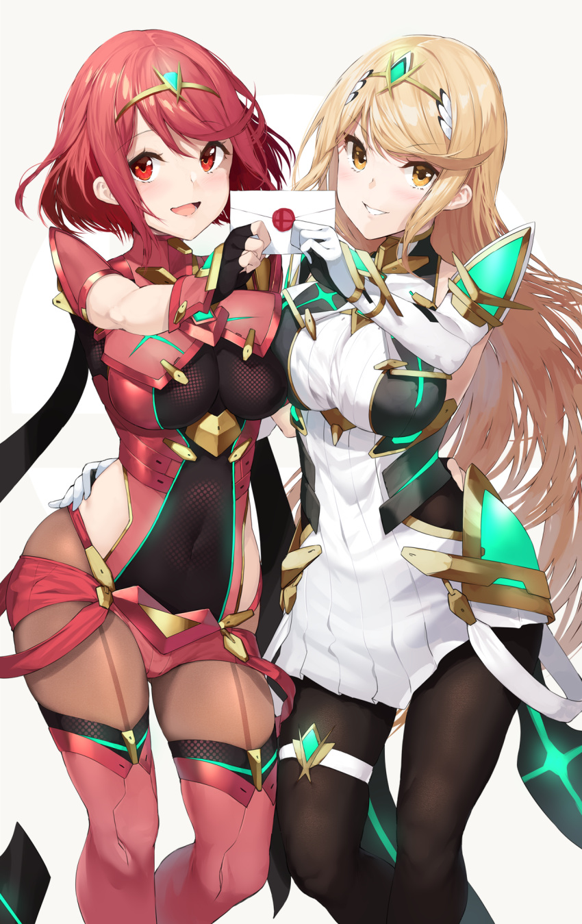 2girls blonde_hair breasts commentary_request highres large_breasts leggings long_hair multiple_girls mythra_(xenoblade) pantyhose pyra_(xenoblade) red_eyes red_hair simple_background super_smash_bros. xenoblade_chronicles_(series) xenoblade_chronicles_2 yappen yellow_eyes