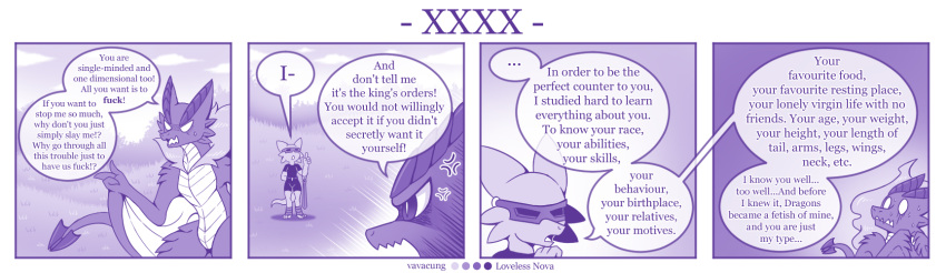 4koma ambiguous_gender anthro braver_(character) clothing comic dialogue disaster_dragon dragon duo english_text feral hi_res kobold mask melee_weapon monochrome profanity purple_theme scalie speech_bubble text vavacung weapon wings