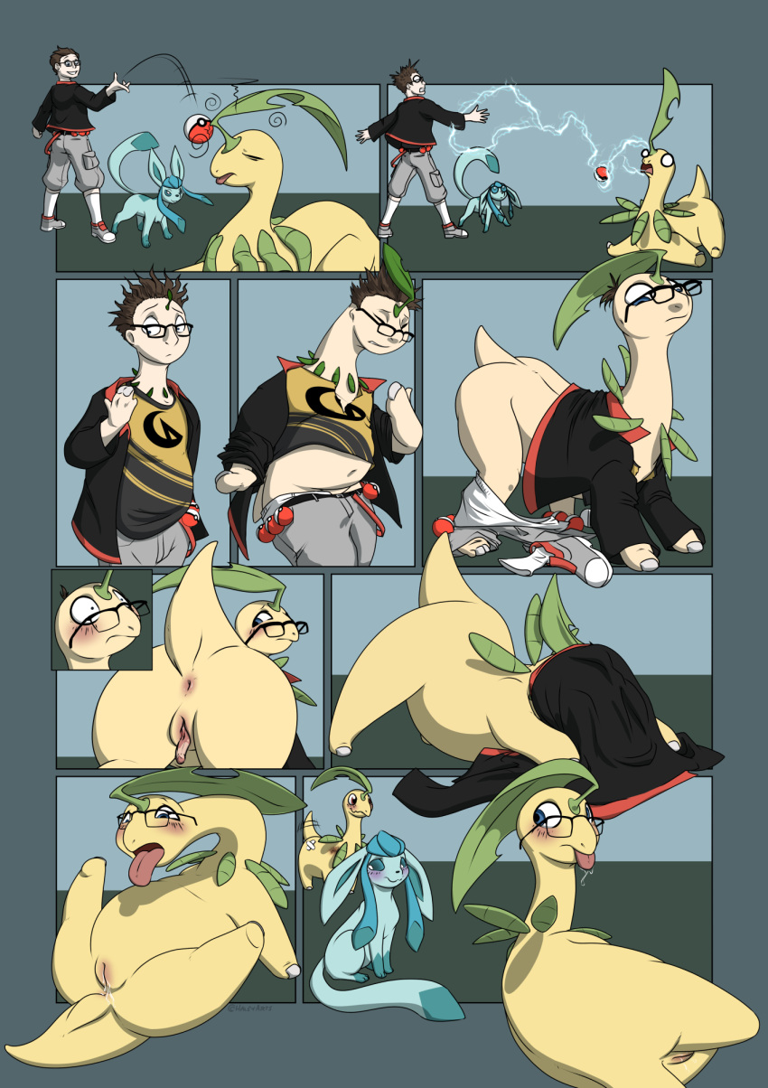 2021 anus bayleef blush bodily_fluids bottomwear clothing comic eeveelution elemental_creature eyewear female feral flora_fauna footwear gender_transformation genital_fluids genitals glaceon glasses group growth hair halcy0n hi_res human human_to_feral male mammal mtf_transformation nintendo pants plant pok&eacute;ball pok&eacute;mon pok&eacute;mon_(species) pussy pussy_juice shocked shoes short_hair smile species_transformation standard_pok&eacute;ball standing tail_growth tailwag tongue tongue_out transformation video_games