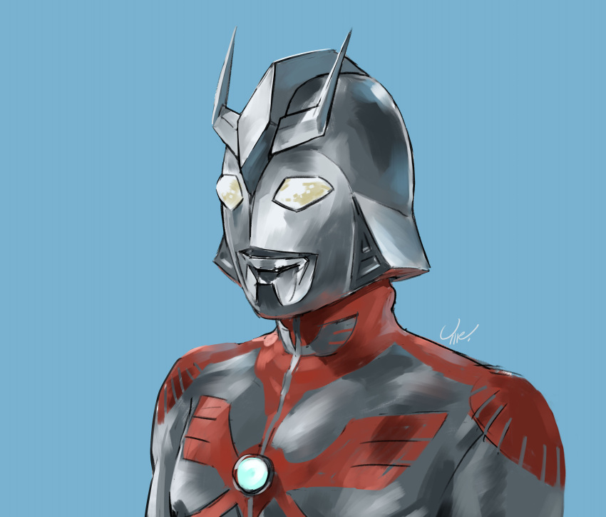 1boy absurdres alien blue_background char_aznable crossover fusion gundam highres looking_up mobile_suit_gundam no_humans science_fiction tokusatsu ultra_series ultraman ultraman_(1st_series) umeno_ryuuji v-fin yellow_eyes