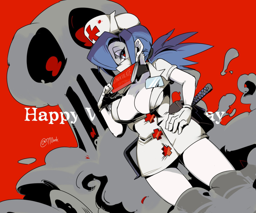 +_+ 1girl 770mk blue_hair breasts candy chocolate chocolate_bar cleavage cross food gloves hacksaw hair_over_one_eye hat highres large_breasts looking_at_viewer mask mouth_mask nurse nurse_cap one-eyed red_background red_cross red_eyes saw skull skullgirls surgical_mask twitter_username valentine valentine_(skullgirls) white_gloves white_mask