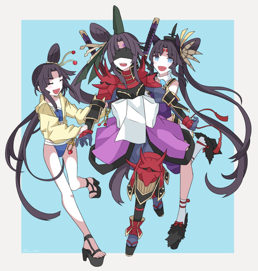 3girls arm_guards bangs bare_shoulders bikini black_hair blindfold blue_eyes blunt_bangs blush border bow eyebrows_visible_through_hair fate/grand_order fate_(series) full_body gloves hair_bow hair_bun highres katana knee_pads kujiramaru long_hair long_sleeves looking_at_another multiple_girls oni_mask open_clothes open_mouth open_shirt parted_bangs purple_gloves running shirt sidelocks sleeveless sleeves_past_wrists smile socks sweat swimsuit swimwear sword sword_behind_back tassel thighs upper_teeth ushiwakamaru_(avenger)_(fate) ushiwakamaru_(fate) ushiwakamaru_(swimsuit_assassin)_(fate) weapon yellow_shirt