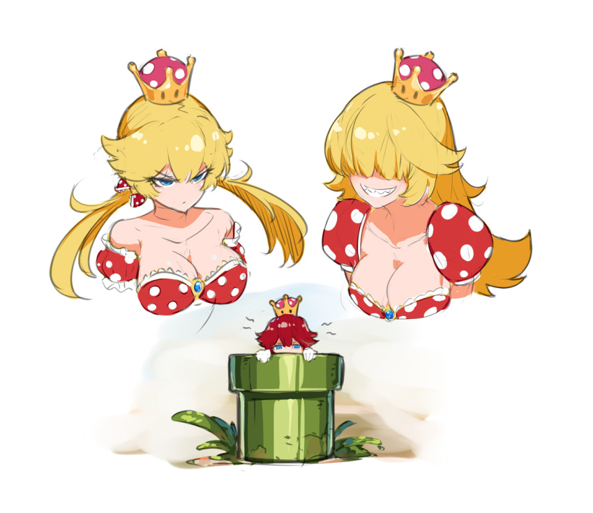 1girl blonde_hair blue_eyes breasts cleavage collarbone crown frills genderswap genderswap_(mtf) gloves grin hair_between_eyes hair_over_eyes hatching_(texture) long_hair manamachii mario_(series) parted_lips pipe princess_piranha_plant red_hair sharp_teeth sketch smile teeth twintails white_background white_gloves