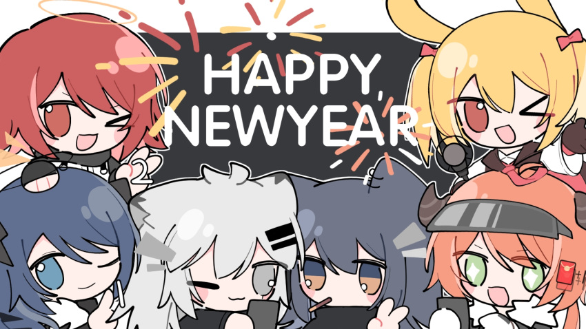 &gt;_o +_+ 6+girls ;) ;d aerial_fireworks animal_ears arknights black_background black_hair black_jacket blonde_hair blush_stickers bow brown_eyes brown_gloves brown_hair bunny_ears cellphone chibi closed_mouth croissant_(arknights) exusiai_(arknights) fireworks food food_in_mouth gloves green_eyes grey_eyes grey_hair hair_bow halo happy_new_year highres holding holding_phone jacket lappland_(arknights) long_sleeves mostima_(arknights) mouth_hold multiple_girls new_year one_eye_closed open_mouth phone pink_bow pocky shirt smile sora_(arknights) texas_(arknights) twintails two-tone_background v white_background white_jacket white_shirt wide_sleeves xijian