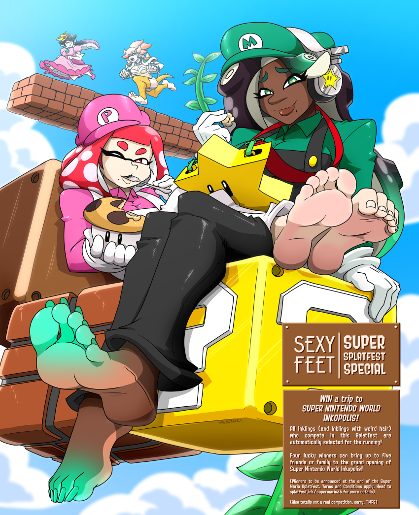 2021 5_toes absurd_res animal_humanoid bowser callie_(splatoon) cephalopod cephalopod_humanoid cosplay crossover crossover_cosplay duo_focus english_text feet female foot_focus group hi_res humanoid humanoid_feet inkling luigi marie_(splatoon) marina_(splatoon) marine marine_humanoid mario mario_bros mollusk mollusk_humanoid mostlyfunstuff nintendo octarian octoling pearl_(splatoon) princess_peach soles splatoon text toes video_games