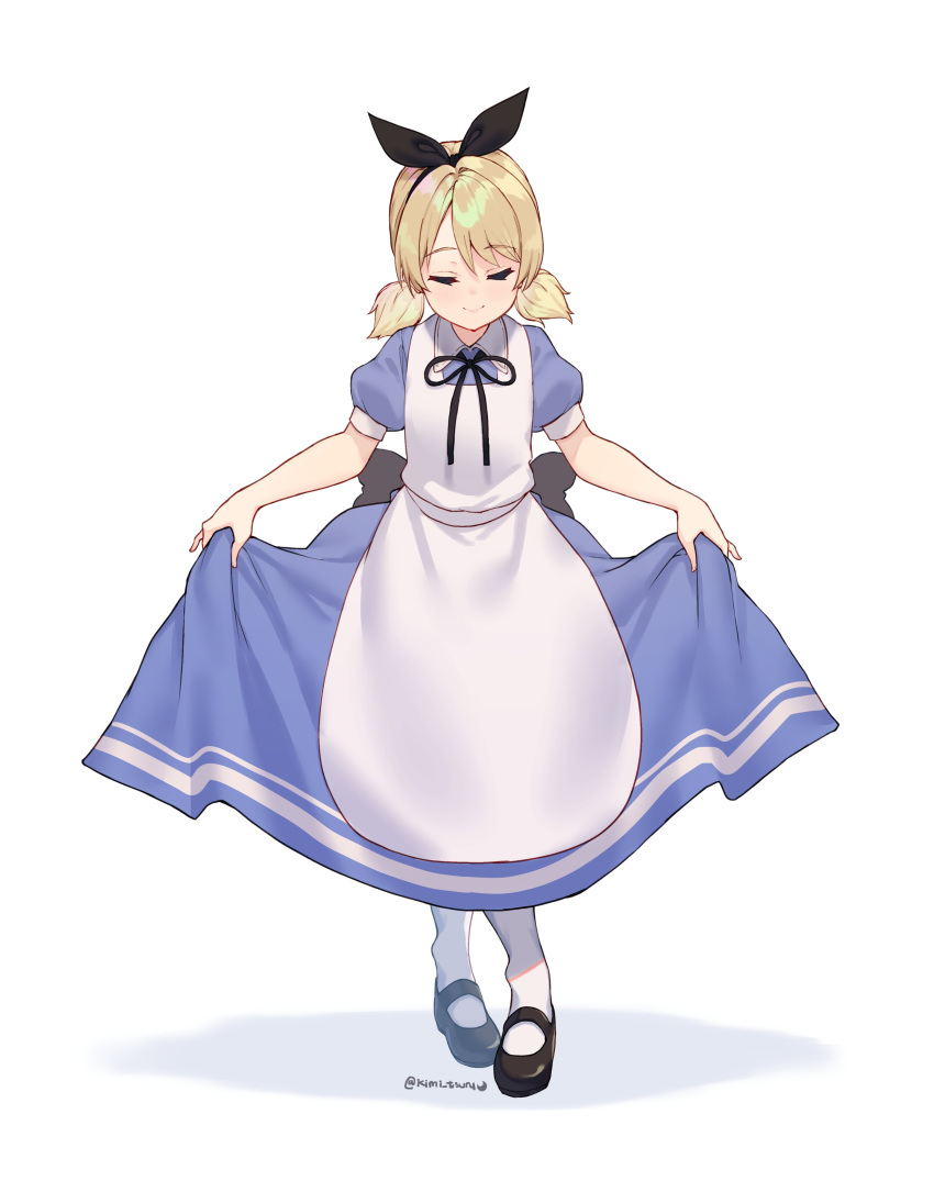 1girl absurdres alice_(wonderland) alice_(wonderland)_(cosplay) alice_in_wonderland apron bangs black_bow black_footwear black_ribbon blonde_hair blue_dress blush bow closed_eyes cosplay curtsey darjeeling_(girls_und_panzer) dress eyebrows_visible_through_hair girls_und_panzer hair_ribbon highres kimi_tsuru mary_janes neck_ribbon ribbon shoes short_twintails skirt_hold smile twintails twitter_username white_apron white_background white_legwear