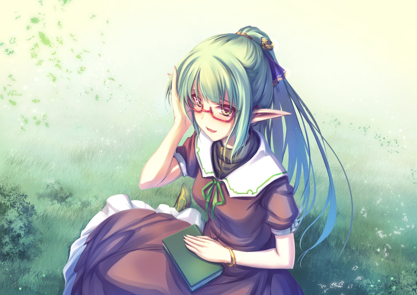 1girl :d bangs blush book bracelet breasts brown_dress day dress elf eyebrows_behind_hair glasses grass green_hair green_neckwear green_ribbon hair_ornament hair_tucking highres jewelry long_dress long_hair looking_at_viewer medium_breasts neck_ribbon on_grass on_ground open_mouth original outdoors pointy_ears ponytail puffy_short_sleeves puffy_sleeves red-framed_eyewear ribbon semi-rimless_eyewear short_sleeves sidelocks sitting sitting_on_ground smile solo tenmaso under-rim_eyewear yellow_eyes