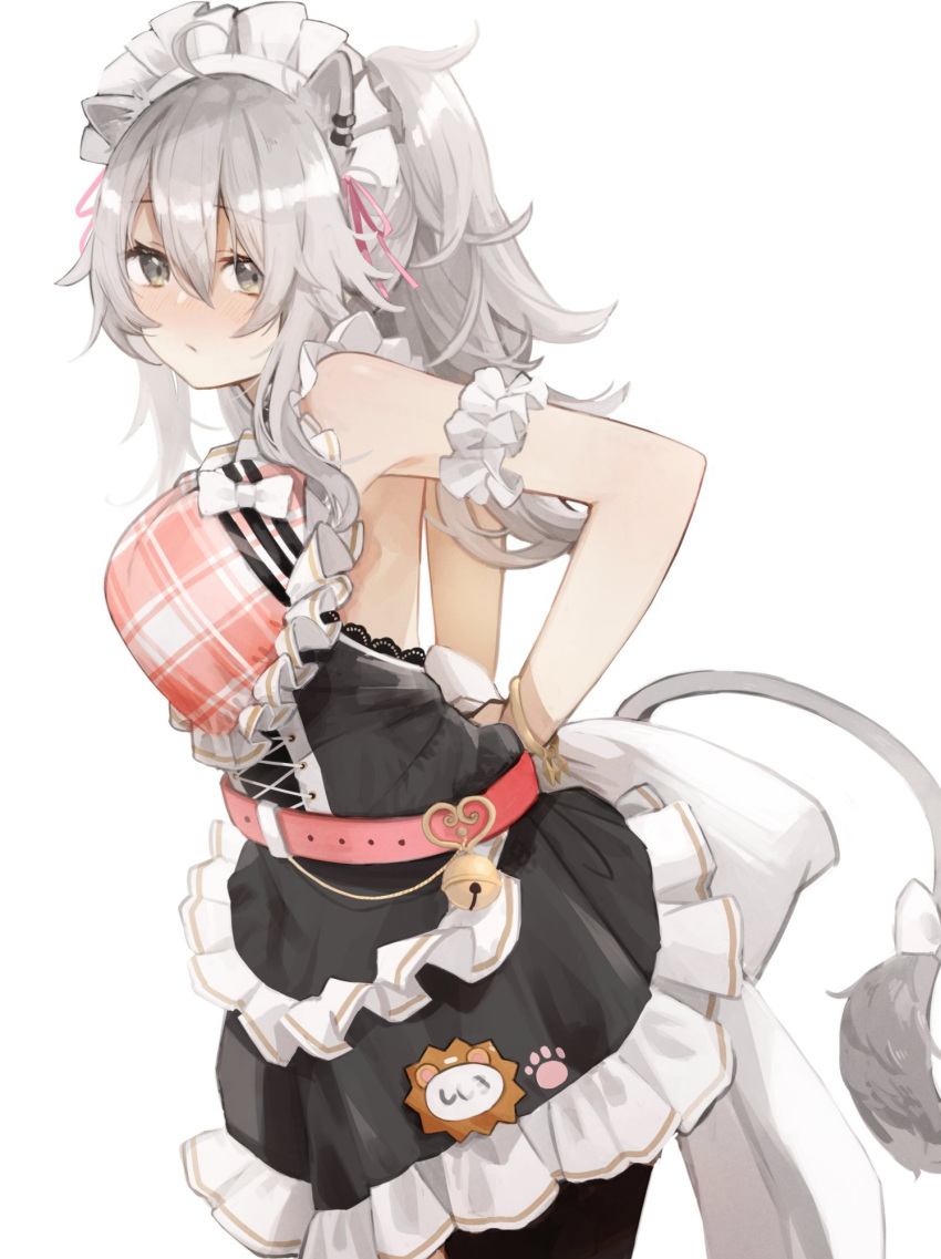 1girl alternate_costume alternate_hairstyle animal_ears apron arm_garter arms_behind_back bell belt black_dress black_legwear blush bow bracelet breasts closed_mouth commentary cowboy_shot dress ear_piercing eyebrows_visible_through_hair frilled_dress frills from_side hair_between_eyes hair_ribbon highres hololive jewelry kase_(kurimuzone_oruta) lace_trim large_bow lion_ears lion_tail long_hair looking_at_viewer maid_headdress medium_breasts paw_print piercing pink_apron pink_belt pink_ribbon plaid plaid_apron ponytail ribbon shishiro_botan silver_eyes silver_hair simple_background sleeveless sleeveless_dress solo tail virtual_youtuber white_background white_bow