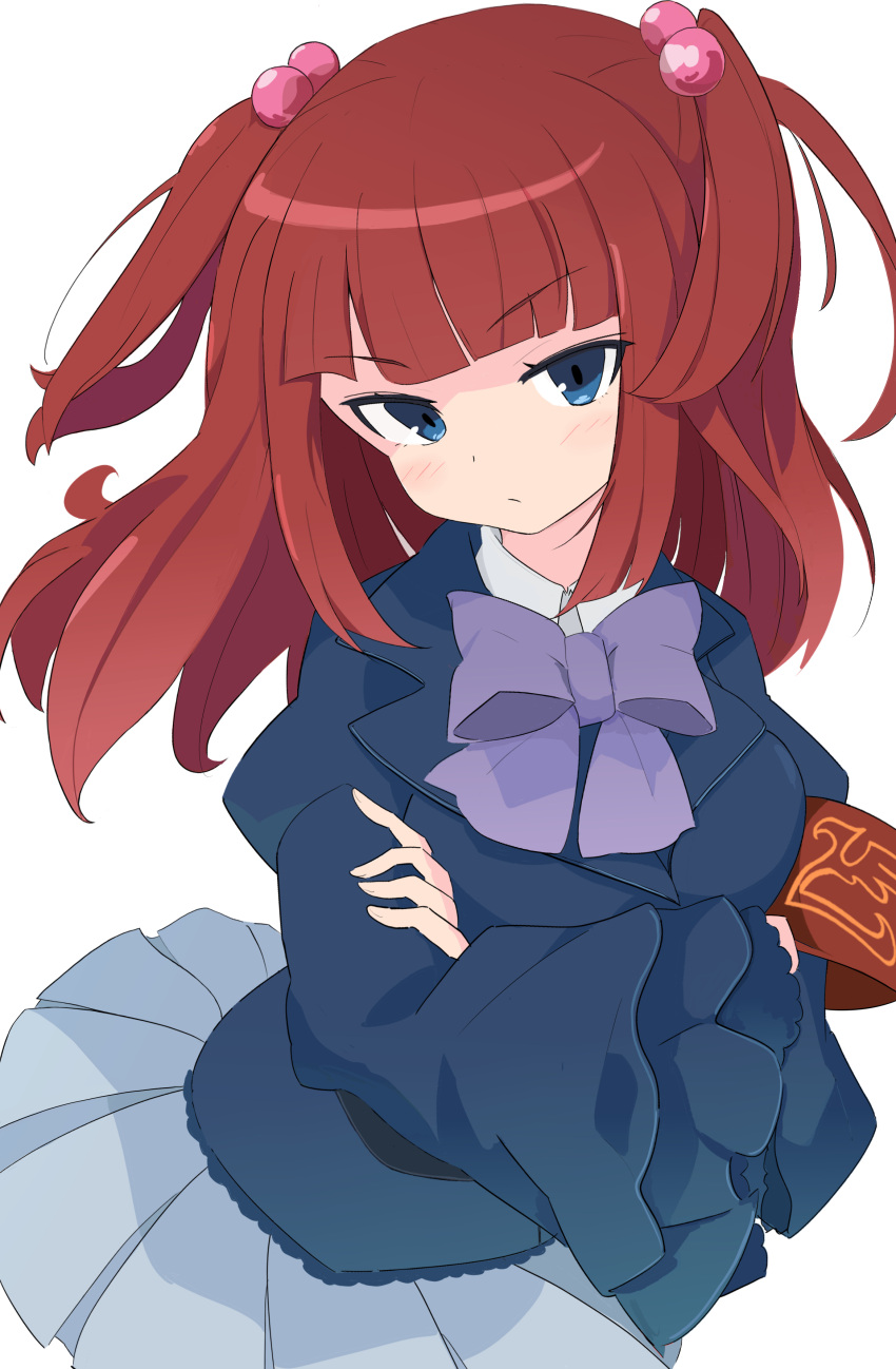 1girl absurdres armband bangs blue_eyes blue_jacket blue_skirt blunt_bangs blush bow bowtie commentary crossed_arms dot_nose eyebrows_visible_through_hair frown glaring hair_bobbles hair_ornament highres jacket long_sleeves looking_to_the_side medium_hair memoi pleated_skirt purple_neckwear red_armband red_hair simple_background skirt solo two_side_up umineko_no_naku_koro_ni ushiromiya_ange white_background