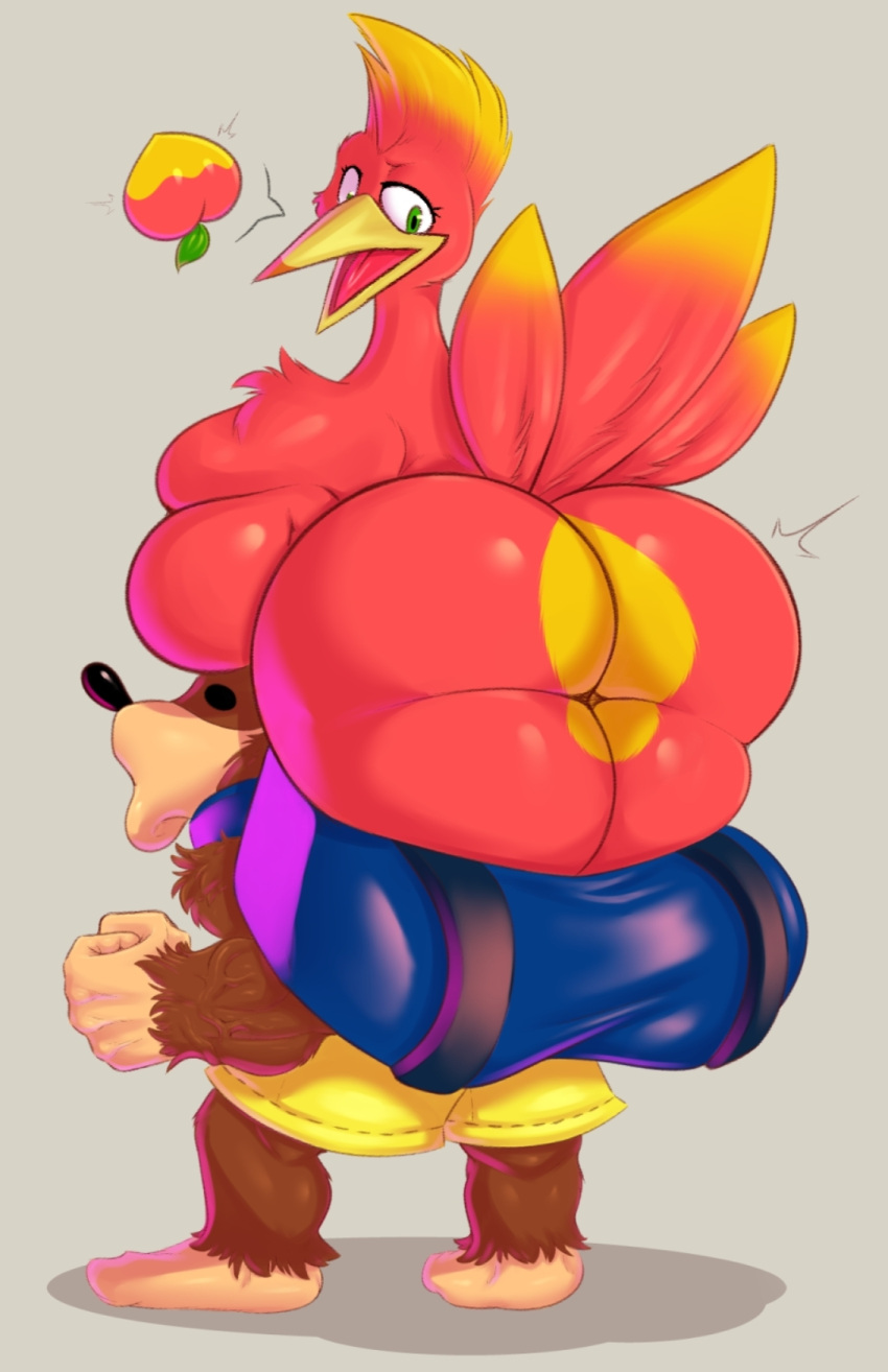 anthro anthrofied avian backpack banjo-kazooie banjo_(banjo-kazooie) big_breasts big_butt boob_hat bottomwear breasts breegull brown_body brown_fur butt carrying clothing duo feathers female fur hi_res in_bag in_container kazooie male mammal multicolored_body open_mouth peach_(disambiguation) rareware red_body red_feathers savourysausages shorts tan_body tan_skin two_tone_body ursid veiny_arms video_games yellow_body yellow_feathers