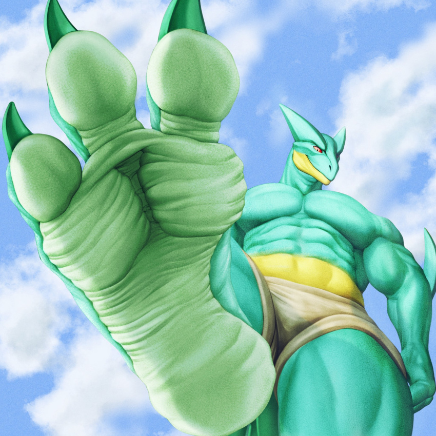 3_toes anthro clothed clothing countershade_feet countershading feet foot_focus hi_res low-angle_view male mtfoxx muscular muscular_anthro muscular_male nintendo plantigrade pok&eacute;mon pok&eacute;mon_(species) sceptile soles solo toes topless video_games