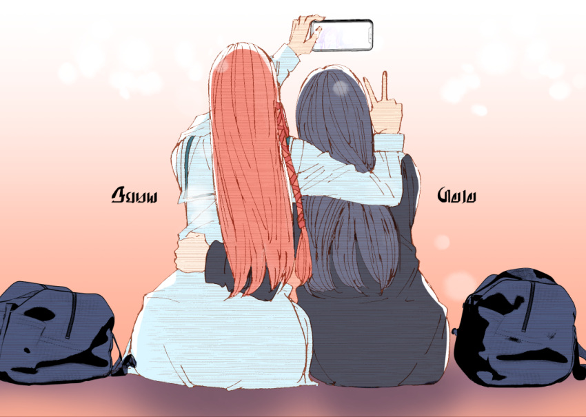 2girls back bag black_hair blue_bag cellphone character_name final_fantasy final_fantasy_xiv gaia_(ff14) hair_ribbon holding holding_phone long_hair multiple_girls ooshima_ryou orange_hair phone red_ribbon ribbon ryne self_shot sitting v