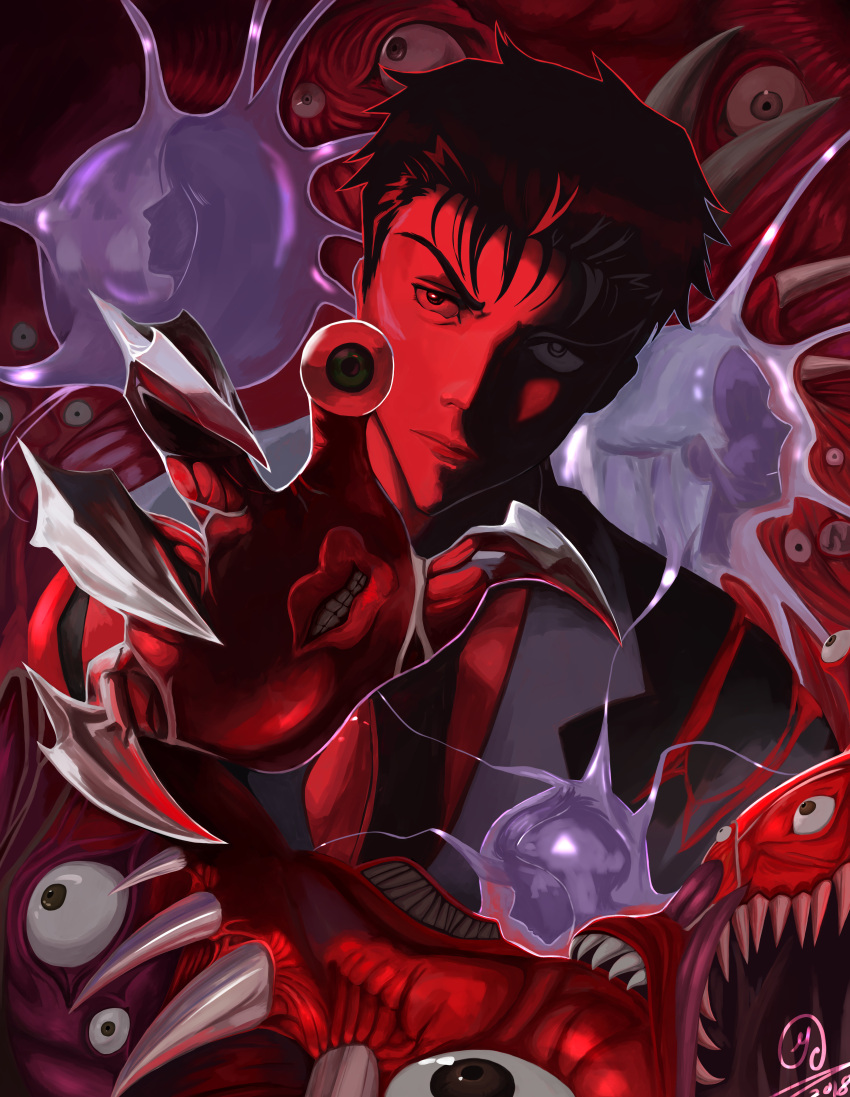 1boy absurdres brown_eyes claws closed_mouth dated extra_eyes extra_mouth highres huge_filesize izumi_shin'ichi kiseijuu loooyd male_focus migi open_hand open_mouth red_theme sharp_teeth signature solo teeth upper_body