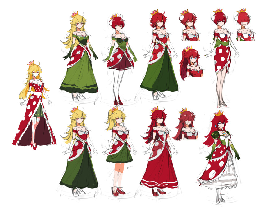 1girl bare_shoulders blonde_hair closed_mouth concept_art crown dress earrings elbow_gloves frills genderswap genderswap_(mtf) gloves green_dress green_gloves grin hair_over_eyes high_heels highres jewelry long_hair manamachii mario_(series) medium_hair off-shoulder_dress off_shoulder parted_lips princess_piranha_plant red_dress red_eyes red_footwear red_hair short_hair simple_background sketch smile white_background white_gloves