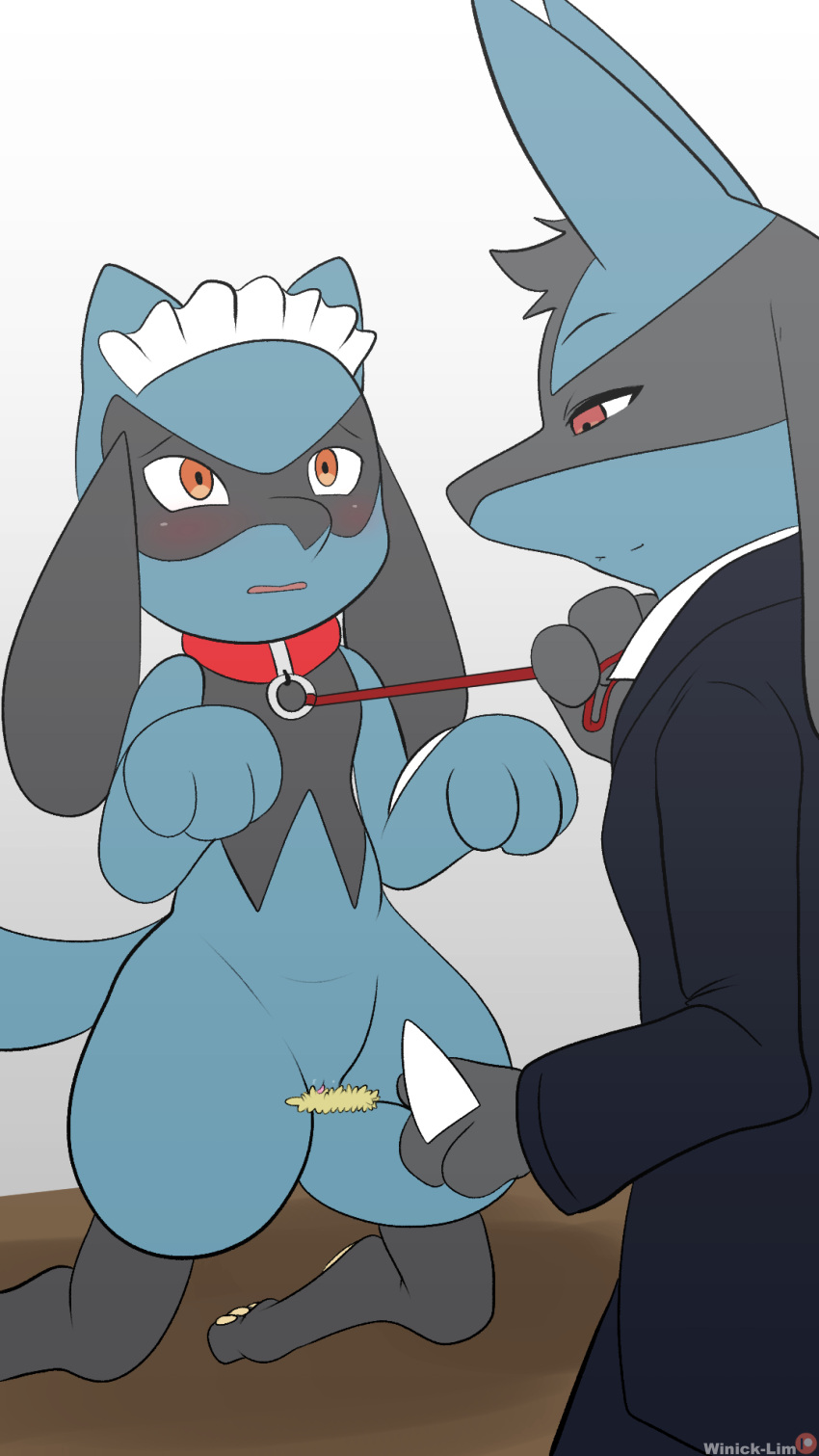 absurd_res anthro collar crown duo female genitals hi_res leash lucario male male/female nintendo pok&eacute;mon pok&eacute;mon_(species) pussy red_eyes riolu spikes teasing tiara video_games winick-lim