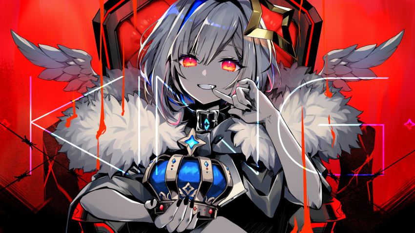 1girl amane_kanata angel_wings bangs banned_artist barbed_wire black_collar black_nails chair coat collar commentary_request crown crown_removed english_text eyebrows_visible_through_hair fur-trimmed_coat fur_trim grin halo highres holding holding_crown hololive king_(vocaloid) looking_at_viewer nail_polish official_art red_background red_eyes red_theme ria second-party_source smile solo song_name teeth throne virtual_youtuber wings