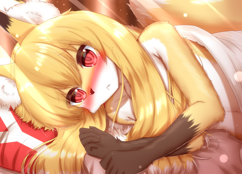 2021 5_fingers alternate_version_at_source anthro bed bedding blanket blonde_hair blush brown_body brown_fur brown_nose canid canine cheek_tuft chest_tuft claws convenient_censorship cute_fangs dipstick_ears dipstick_tail eyebrow_through_hair eyebrows facial_tuft female fingers fluffy fluffy_tail fox fur furniture glistening glistening_hair gloves_(marking) hair hi_res horokusa0519 inner_ear_fluff kemono lens_flare light long_hair lying mammal markings meme multicolored_body multicolored_ears multicolored_fur multicolored_hair multicolored_tail nude on_bed on_side pillow pupils red_eyes slit_pupils solo translucent translucent_hair tuft under_covers white_body white_fur white_hair yellow_body yellow_fur yes_pillow