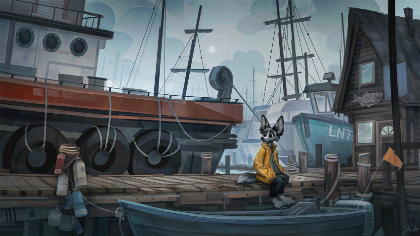 2021 4_toes anthro barefoot black_body black_eyes black_fur black_nose boat bottle bottomwear building canid canine cheek_tuft clothed clothing cloud coat day detailed_background digital_media_(artwork) dipstick_ears door eyebrows facial_tuft feet flag fluffy fluffy_tail fully_clothed fur grey_body grey_fur hands_in_pockets head_tuft hi_res inner_ear_fluff jacato looking_aside male mammal multicolored_ears outside overcast pants paws pier pockets raincoat rope sailing_watercraft ship shirt sign signature sitting sky solo sun t-shirt tire toes topwear tuft vehicle water watercraft window wood