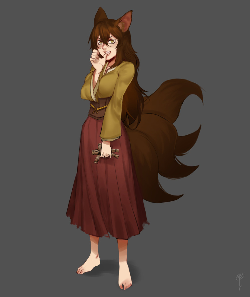 1girl absurdres animal_ears bags_under_eyes bangs barefoot biting brown_hair clenched_teeth commentary commission english_commentary fox_ears fox_girl fox_tail full_body grey_background hair_between_eyes highres kitsune less long_hair long_skirt long_sleeves looking_at_viewer multiple_tails original red_skirt shirt simple_background skirt solo standing tail teeth thumb_biting waraningyou wavy_hair yellow_eyes yellow_shirt