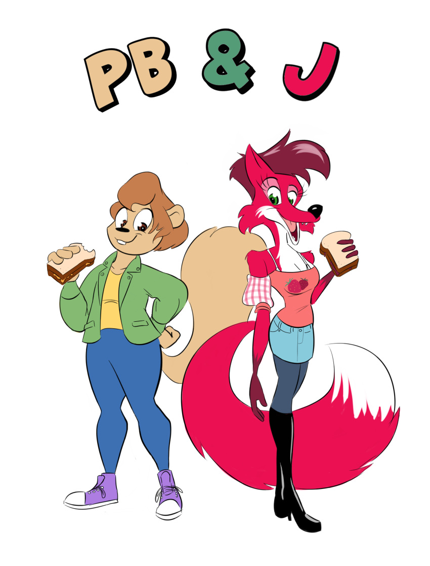 absurd_res anthro belugatoons canid canine clothing duo female female/female food fox hair hi_res mammal rodent sandwich_(food) sciurid