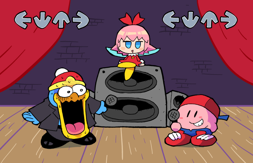 backwards_hat curtains formal friday_night_funkin' grin hat highres king_dedede kirby kirby_(series) looking_at_another microphone no_humans open_mouth pink_hair rariatto_(ganguri) ribbon_(kirby) shoes smile speaker stage suit sweat