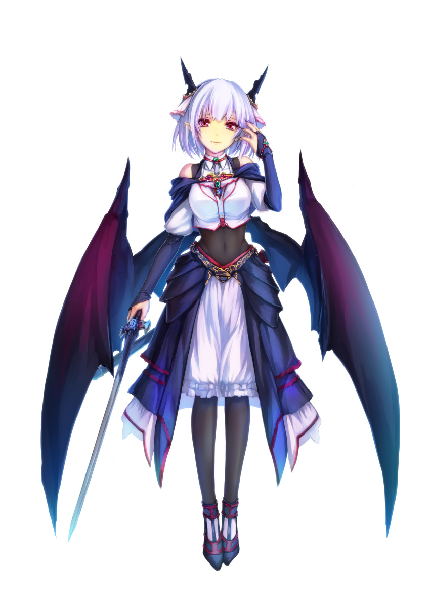 1girl absurdres arm_up bangs bare_shoulders black_legwear blue_gloves breasts bridal_gauntlets closed_mouth clothing_cutout commentary covered_navel crop_top demon_wings fangs full_body gloves hair_ornament highres holding holding_sword holding_weapon horns jewelry looking_at_viewer medium_breasts original overskirt red_eyes scabbard sheath short_hair shoulder_cutout silver_hair simple_background solo standing sword tenmaso weapon white_background wings