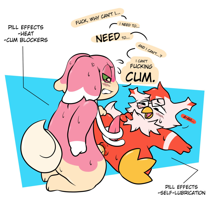 audino avian beak blush comic delibird dialogue drugged drugs duo english_text eyewear foreskin frustrated genitals glasses hi_res in_heat lytte_(audino) male male/male nintendo orgasm_denial penis pills pok&eacute;mon pok&eacute;mon_(species) ponporio_(artist) profanity self_lubrication simple_background skye_(delibird) substance_intoxication tapering_penis text uncut video_games