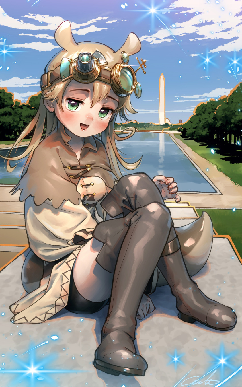 1girl :d absurdres bangs between_legs bike_shorts blonde_hair blush boots capelet cloud commentary day full_body glint goggles goggles_on_head green_eyes grey_footwear hair_between_eyes hand_between_legs highres horns long_hair looking_at_viewer obelisk open_mouth original outdoors signature sitting slug_girl smile solo sparkle tail thigh_boots thighhighs tree water welt_(kinsei_koutenkyoku)